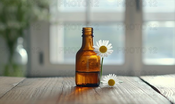 Chamomile essential oil in a dropper bottle, closeup view, skin care cosmetic background AI generated