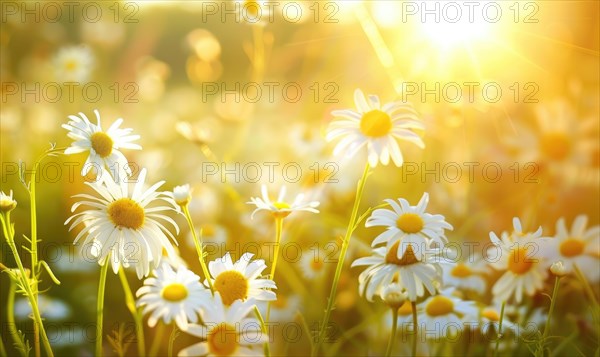 Chamomile field at golden hour, spring nature background AI generated