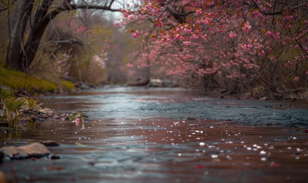 Cherry blossoms lining the banks of a gentle spring river AI generated