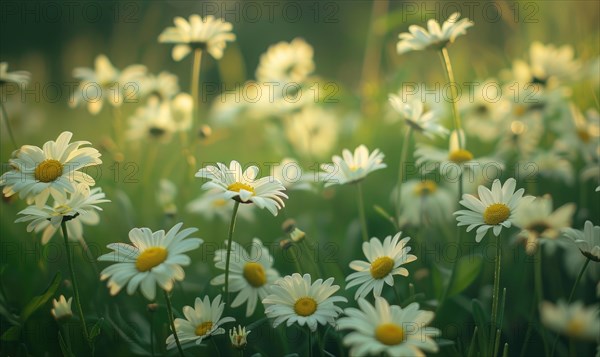 Daisies blooming in a garden, spring background AI generated