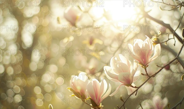 Magnolia blossoms illuminated by soft sunlight filtering through the trees AI generated