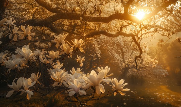 Magnolia tree in full bloom under the golden light of sunrise AI generated