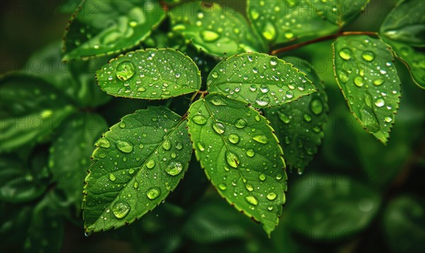 Raindrops on fresh green leaves, close up view of spring green leaves, nature background AI generated