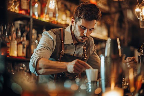 A focused barista carefully prepares a drink in a warmly lit coffee shop, AI generated