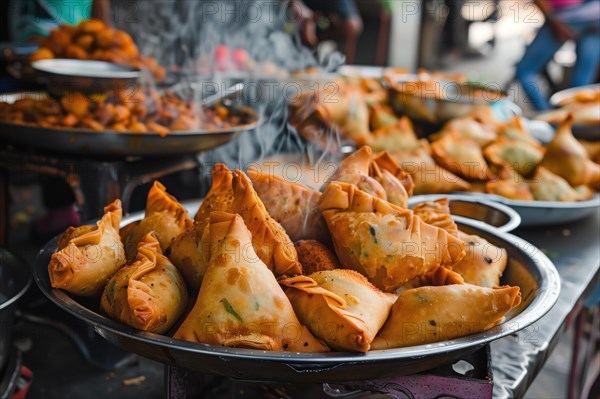 A close-up view capturing the essence of street food, featuring freshly cooked samosas emitting steam, indicating their hot and crispy nature, ready to be served, AI generated