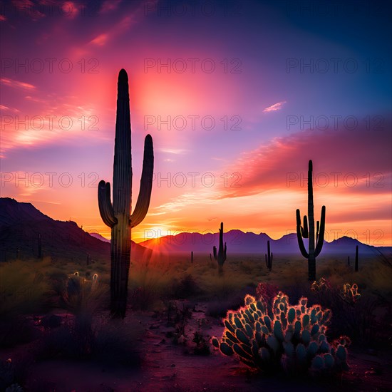 Saguaro cacti against the backdrop of a colorful sunrise sky, AI generated