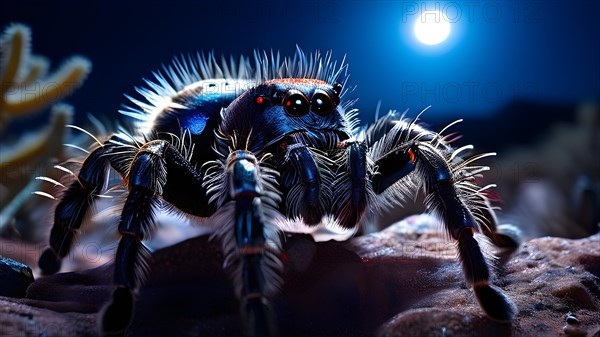 Tarantula hair textured in moonlight glow prowling through chihuahuan desert, AI generated