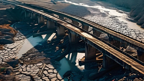 Collapsed bridge crossing an expansive dry riverbed, AI generated