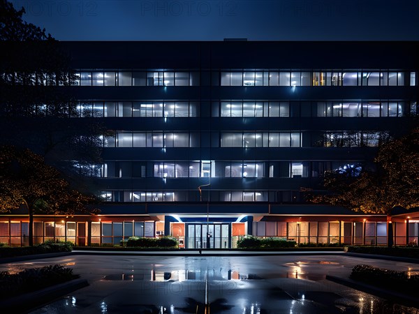 Modern hospital complex at night with lights in various windows, AI generated, modern, architecture