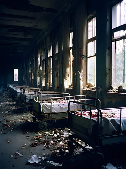 Rows of empty rusting hospital beds suspended in the melancholy, AI generated, hospital, damage, abandoned, ruin, decrepit