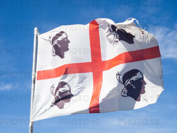 Waving flag of Sardinia, near Olbia, Sardinia, Italy, Europe