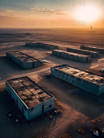 Aerial view of deserted military base featuring empty barracks and abandoned tanks in silent, AI generated