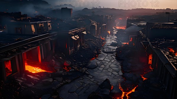Aerial view of a deserted town partially engulfed in lava, AI generated