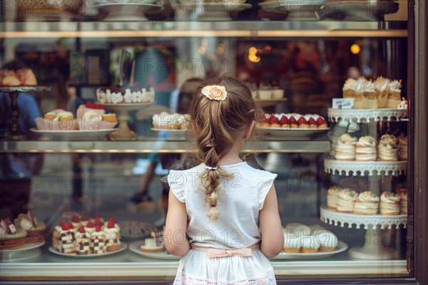 Young girl child looking at various cakes and cupcakes through shopping window of pastry shop. KI generiert, generiert, AI generated