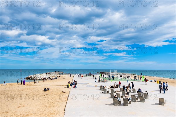 Benches and gym on the beach in Barcelona, Spain, Europe