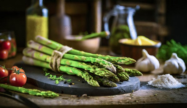 Green asparagus in a rustic farmhouse kitchen, AI generated, AI generated