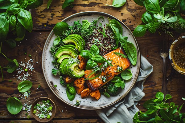 Healthy grilled salmon with avocado slices and quinoa on a decorated plate, AI generated