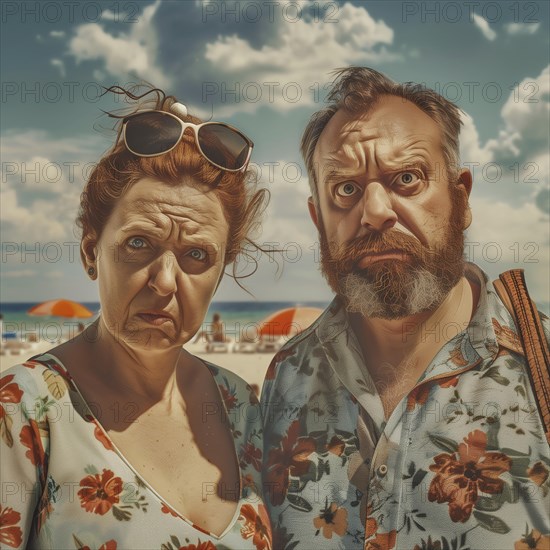 Worried couple with frowns and sunglasses on a crowded beach, AI generated