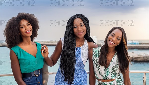 Joyful three women with diverse fashion styles share a smile by the waterfront in relaxed poses, blurry moody landscaped background with bokeh effect, AI generated