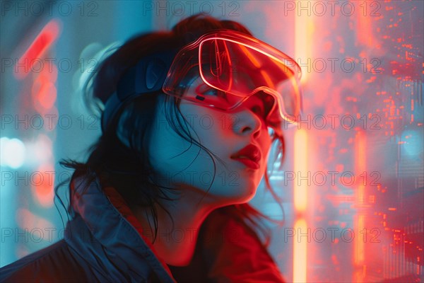 Stylized portrait of a woman with cyberpunk aesthetics and neon light reflections, AI generated
