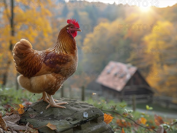 Chicken perched on a rock with autumn leaves and sunrise in rural setting, AI generiert, AI generated