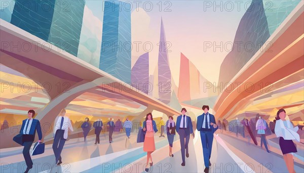 Image of a futuristic cityscape with vibrant colors, people, and an overpass, low poly style, AI generated