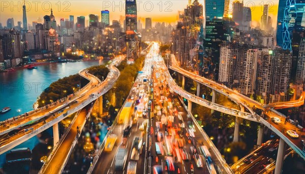 Sunset over an urban cityscape with a river and bustling traffic, rush hour commuting time, sunset, blurry cityscape, bokeh effect, AI generated