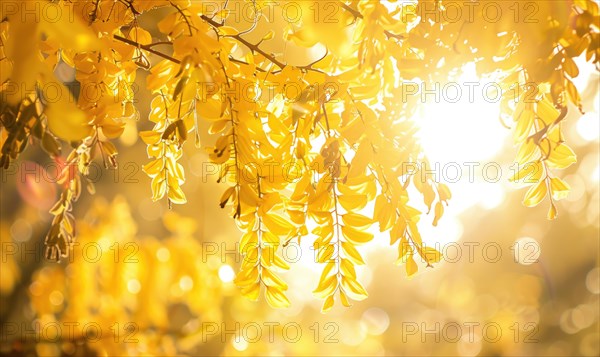 Laburnum branches reaching towards the sunlight AI generated