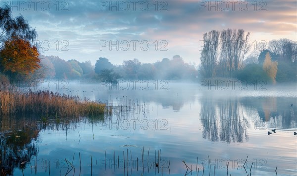 The lake shrouded in mist during a crisp autumn morning AI generated