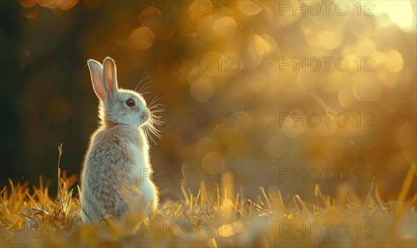 A bunny sitting upright in the forest, bokeh lights AI generated