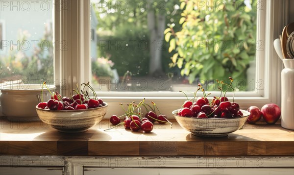 A cozy kitchen window sill adorned with bowls of ripe cherries AI generated