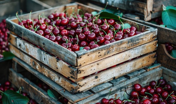 A vintage wooden crate filled to the brim with freshly harvested ripe cherries AI generated