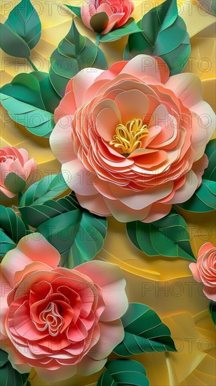Vibrant peach paper roses with green leaves creating a shadow effect for a 3D look, ai generated, AI generated