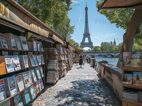 Die Uferpromenade in Paris bei Sonnenschein mit Blick auf den Eiffelturm und einem Zeitschriftenkiosk, Lifestyle in Paris, Frankreich, AI generiert, AI generated