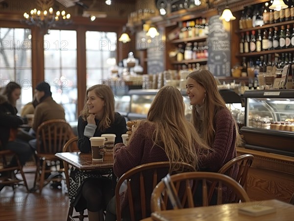 Drei Frauen unterhalten sich froehlich an einem Tisch in einem belebten Cafe, Lifestyle in Paris, Frankreich, AI generiert, AI generated