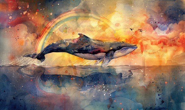 A watercolor artwork portraying a surreal scene of a whale leaping over a rainbow in a dreamlike setting AI generated