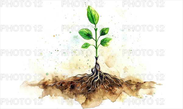 Watercolor illustration of a tree sprout with tiny roots on white background AI generated