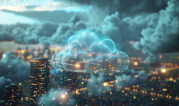 Cloud computing servers against a backdrop of a digital cityscape AI generated