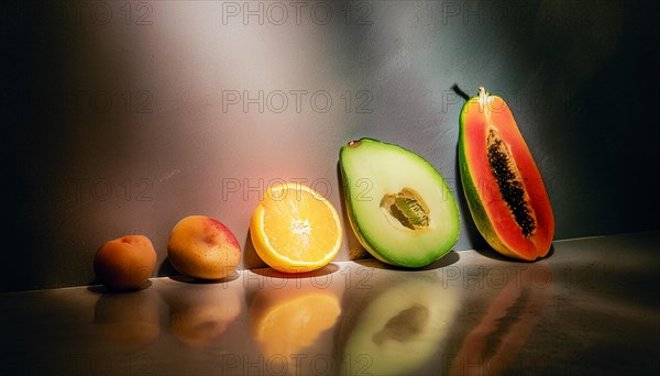 Various exotic fruits elegantly arranged on a reflective surface with shadows, horizontal, AI generated