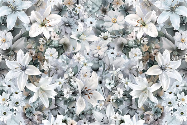 An elegant floral wallpaper with white and pastel-colored blossoms on a neutral background, illustration, AI generated