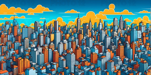 AI generated illustration of a dynamic cityscape with skyscrapers in vibrant colors