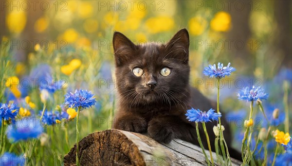 KI generated, animal, animals, mammal, mammals, cat, felidae (Felis catus), lying in a meadow with colourful flowers, kitten