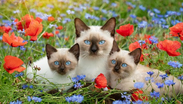 KI generated, animal, animals, mammal, mammals, cat, felidae (Felis catus), a cat and two kittens lying in a meadow, poppies and cornflowers