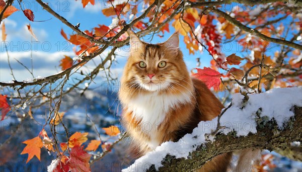 AI generated, animal, animals, mammal, mammals, cat, felidae (Felis catus), a red American Forest Cat, sits in a tree, autumn, autumn leaves, snow, onset of winter