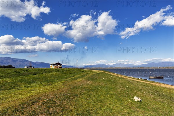 Fishing hut, Fishing hut on the shore, Lake Kerkini, Lake Kerkini, Central Macedonia, Greece, Europe