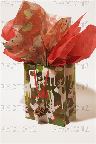 Close-up of Christmas gift bag with reindeer images and decorated with red silk paper on white background, Studio Composition, Quebec, Canada, North America