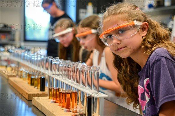 Pupils experimenting in a classroom with safety goggles, chemistry lessons, AI generated, AI generated, AI generated