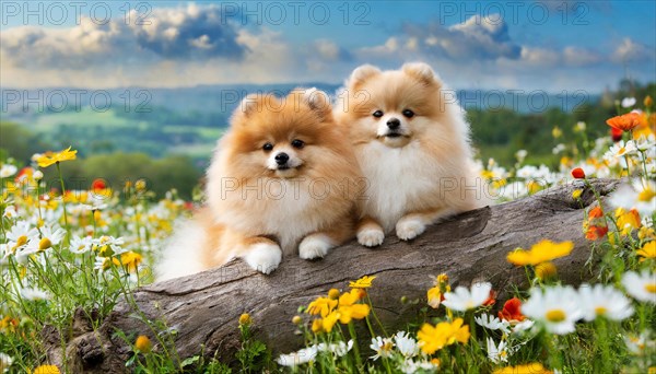 KI generated, animal, animals, mammal, mammals, dwarf spitz, Spitz, (Canis lupus familiaris), dog, dogs, bitch, Pomeranians, a bitch and a puppy lying on a tree trunk, flower meadow, two animals, cream-coloured