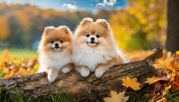 KI generated, animal, animals, mammal, mammals, one, single animal, dwarf spitz, Spitz, (Canis lupus familiaris), dog, dogs, bitch, Pomeranians, two cream-coloured puppies lying on a tree trunk, autumn, autumn leaves