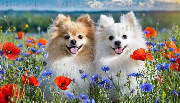 KI generated, animal, animals, mammal, mammals, dwarf spitz, Spitz, (Canis lupus familiaris), dog, dogs, bitch, Pomeranians, two animals lying in a meadow with poppies and cornflowers